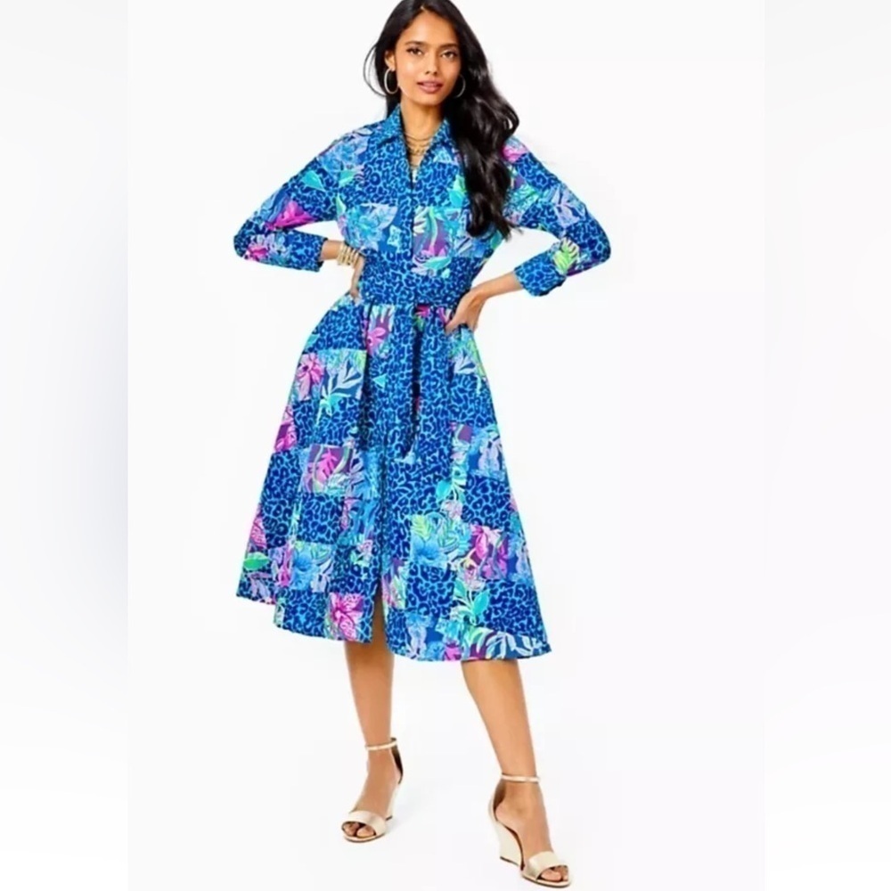 NWT Lilly Pulitzer Green Blue Aqua Mira Shirtdress Pop Up Lilly Party Patchwork